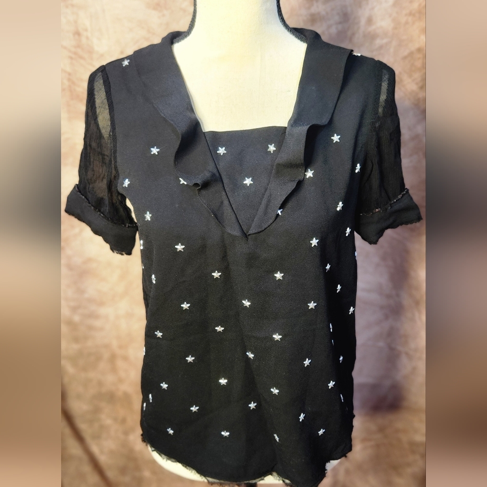 COACH 1941 Black Star Embellished Blouse – Silk Sleeves – Size 00